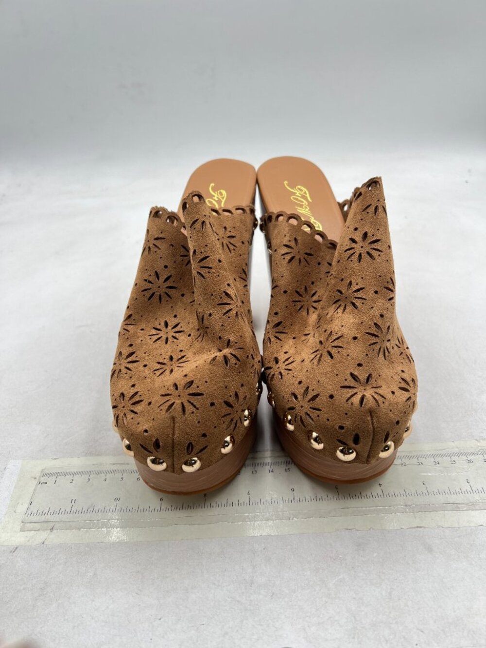 FOWT Tan Studded Closed Toe Floral Cut Out Platform Chunky Super High Heel Mules - Picture 3 of 8